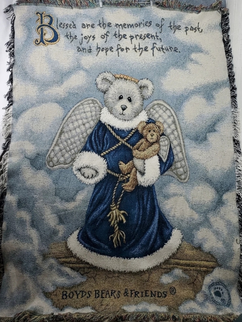 VINTAGE Boyds Bear Friends Tapestry Throw Blanket w Angel 2001 "Blessed are Memo